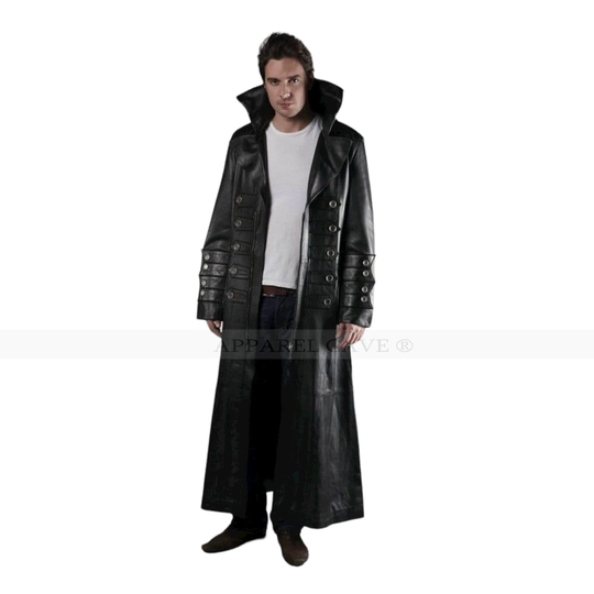 Military Stand Collar Gothic Real Cow Leather Black Long Coat For Men Handmade Trench Winters