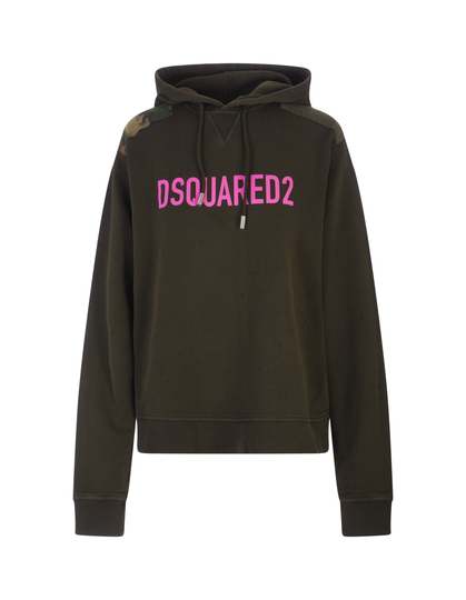 Dsquared2 Woman Military Green Hoodie With Logo And Camouflage Insert