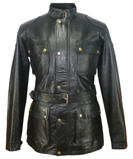 Panther Trialmaster Style Dark Jet Black Genuine Lambskin Leather Benjamin Military Army Biker Jacket Men's /Waxed Motorbike