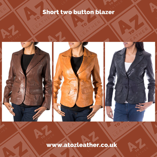 Womens Classic Tailored Leather Blazer With Two Button Fastening. Available in Black, Brown & Tan