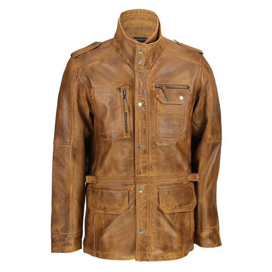 Mens Tan Brown Vintage Military Jacket Casual Coat Field Soft Leather Made | Long