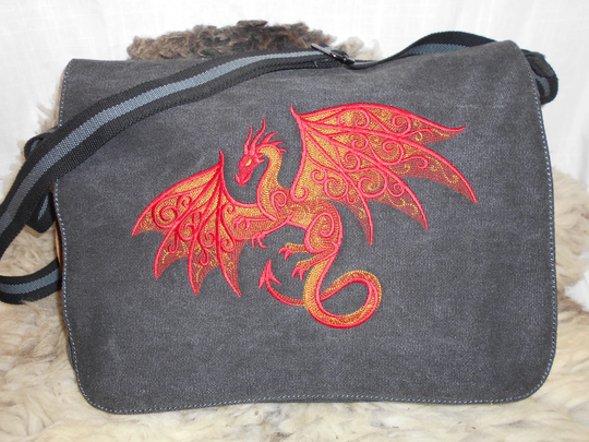 Filigree Dragon Messenger Bag, Crossbody Embroidered, Cotton Canvas Bag