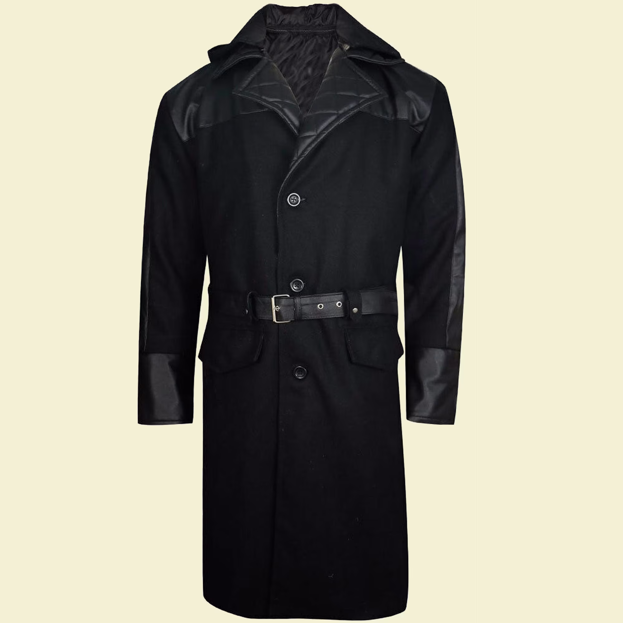 Mens Jacob Leather Sleeves Wool Long Black Coat , Mens Gothic Jacket