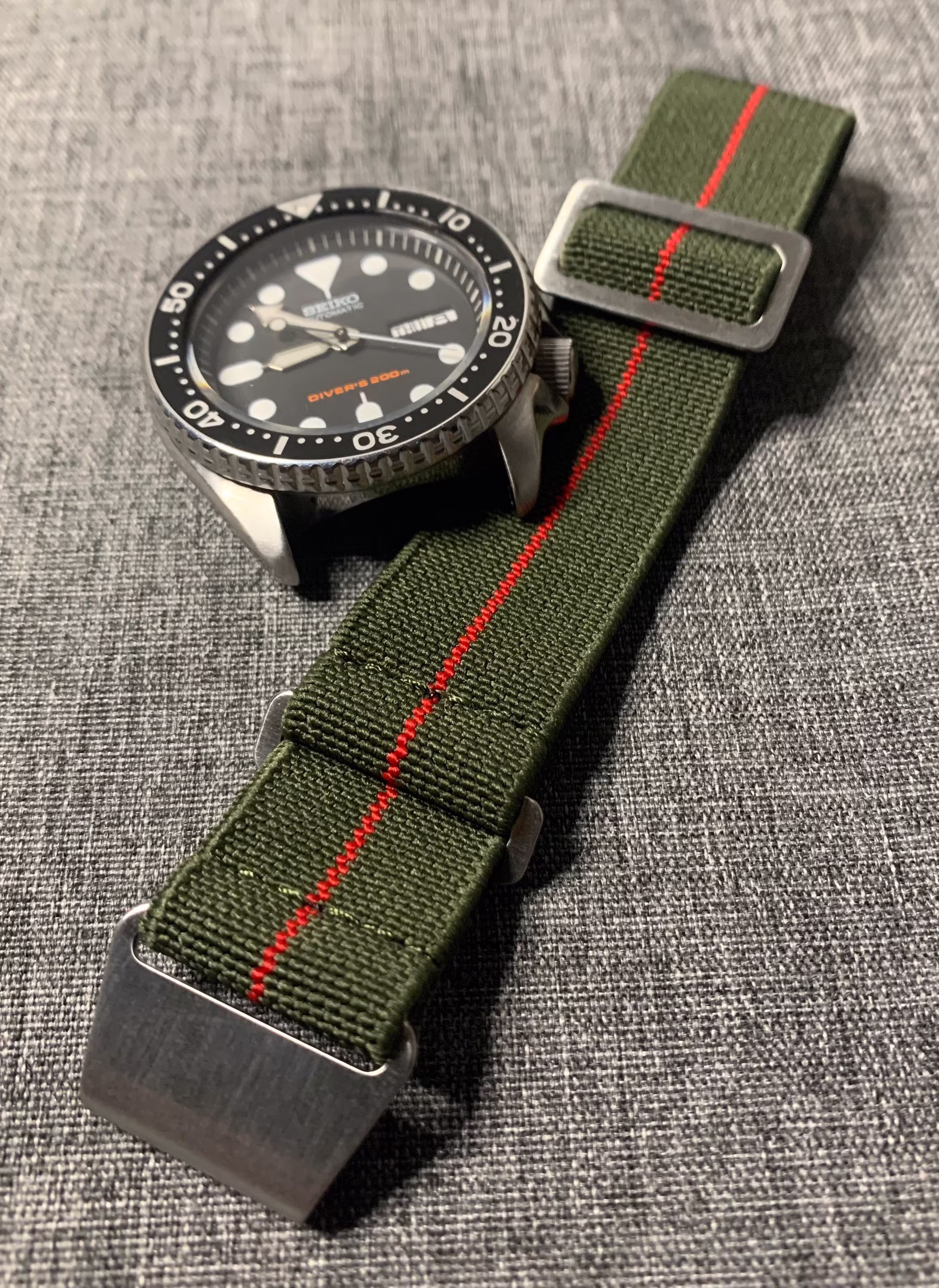 French Marine Nationale Nylon Watch Strap/Military Green - Red Stripe Stainless Steel New 20/22mm