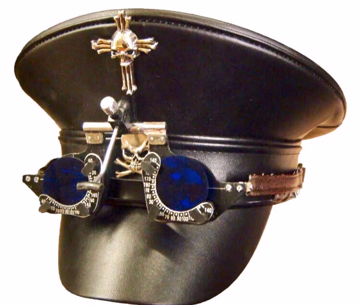 steampunk Black Leather Look Military Hat With Blue Lens Goggles in 57, 58cm & 59cm