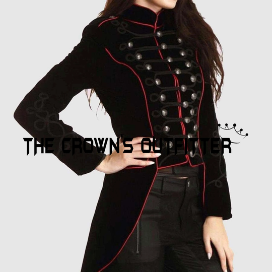 New Ladies Velvet Long Tail Coat, Black Velvet Gothic Steampunk Military Coat With Black Braid, Red Piping Sale Worldwide Expedited Shipping
