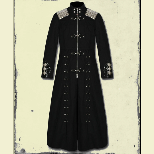 Mens Black Gothic Studded Shoulder Armor Trench Coat, Mens Cosplay Long Jacket