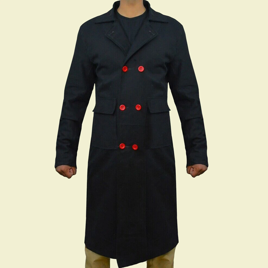 Mens Classic Cape Robe Cotton Black Trench Coat, Mens Cosplay Long Jacket