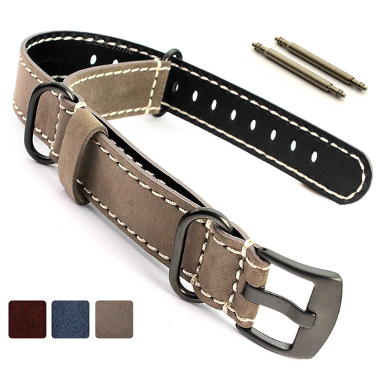 Suede Genuine Leather Watch Strap Band Nato Cayman For Fixed Or Standard Lugs Ss. Pvd Buckle 18mm 20mm 22mm 24mm Brown Blue