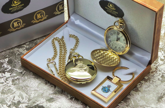 Engraved Raf 24K Gold Plated Personalised Pocket Watch & Keyring in Luxury Case Gift Set Full Hunter With Chain Royal Air Force Military