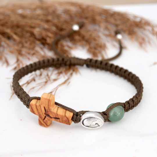 Cross Bracelet, Hand Made Woven Olive Wood Cross Bracelet, Military Green Our Lady Bracelet, Cross Bracelet With Virgin Mary