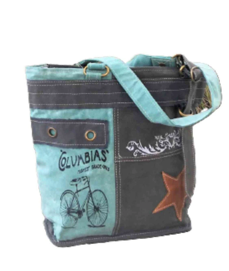 Repurposed Military Canvas Tote Purse Upcycled Shoulder Bag Aqua Gray/Grey Bike