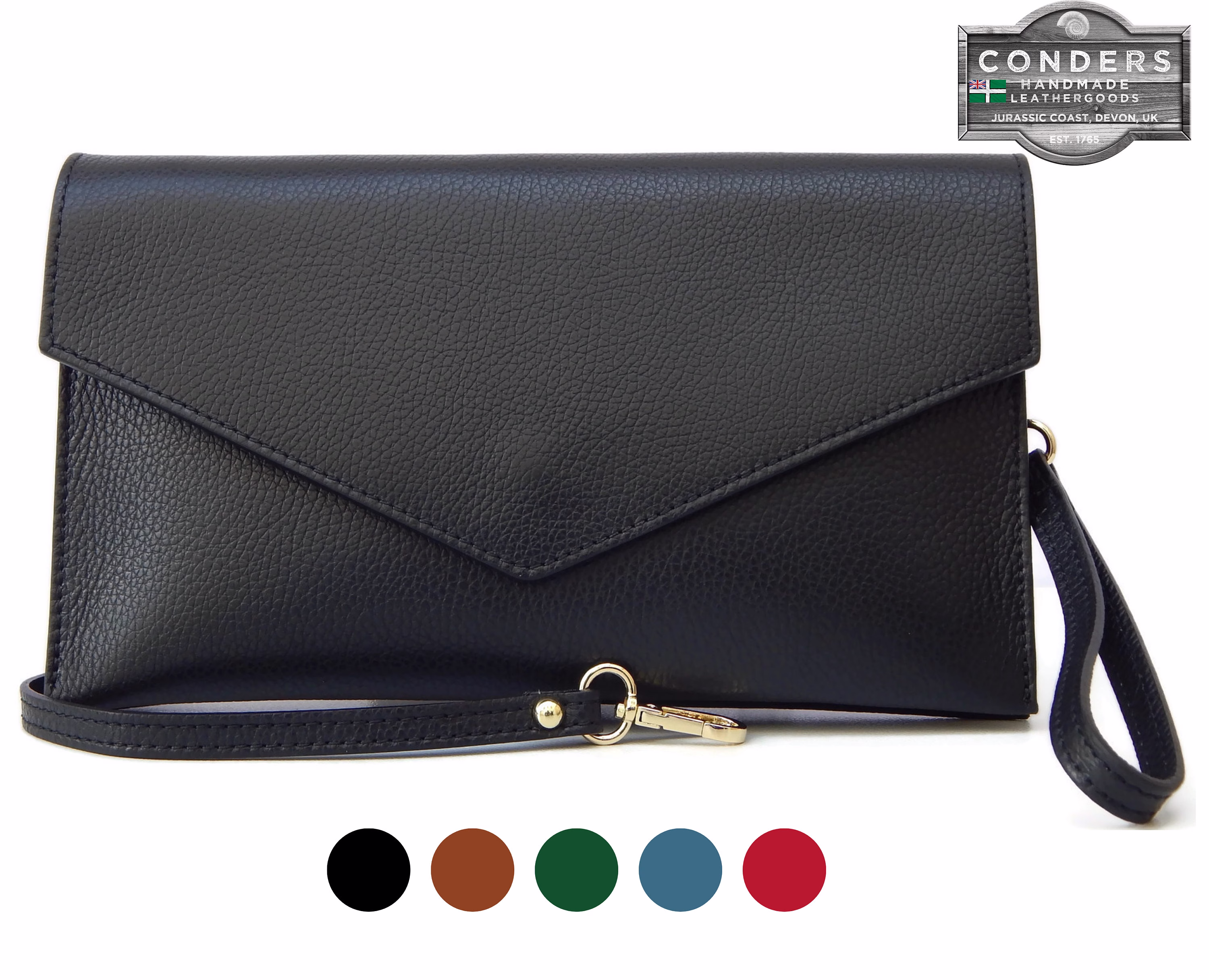 Elegant Leather Clutch Bag in 5 Colours, Envelope Style Black, Red, Green, Teal Or Tan, Wrist With Shoulder Strap
