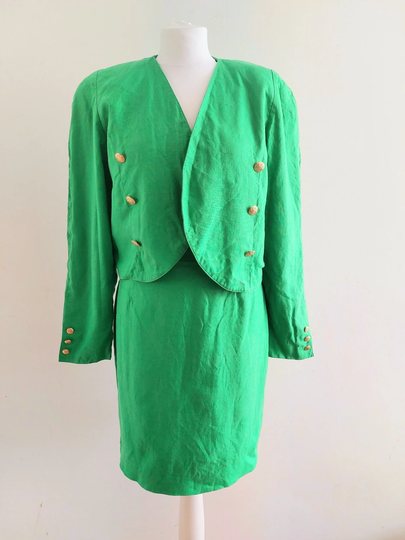 Vintage Green Linen Skirt & Blazer/Jacket/Top Set/Suit, Mini Skirt, 1980S Big Shoulder Jacket D40/Uk14