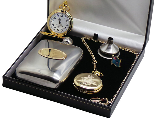 Raf 24K Clad Gold Pocket Watch & Lapel Pin Hip Flask in Large Luxury Gift Case With Certificate Royal Air Force Crested Set