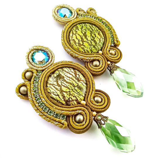 Soutache Earrings, Blue Sky Olive Green Boho Colorful Crystal