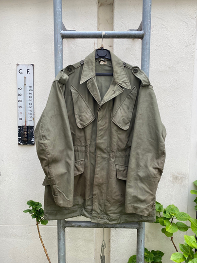 Vintage 60S Dutch Military Jacket - Fades & Stains Waxed Cotton Army | L