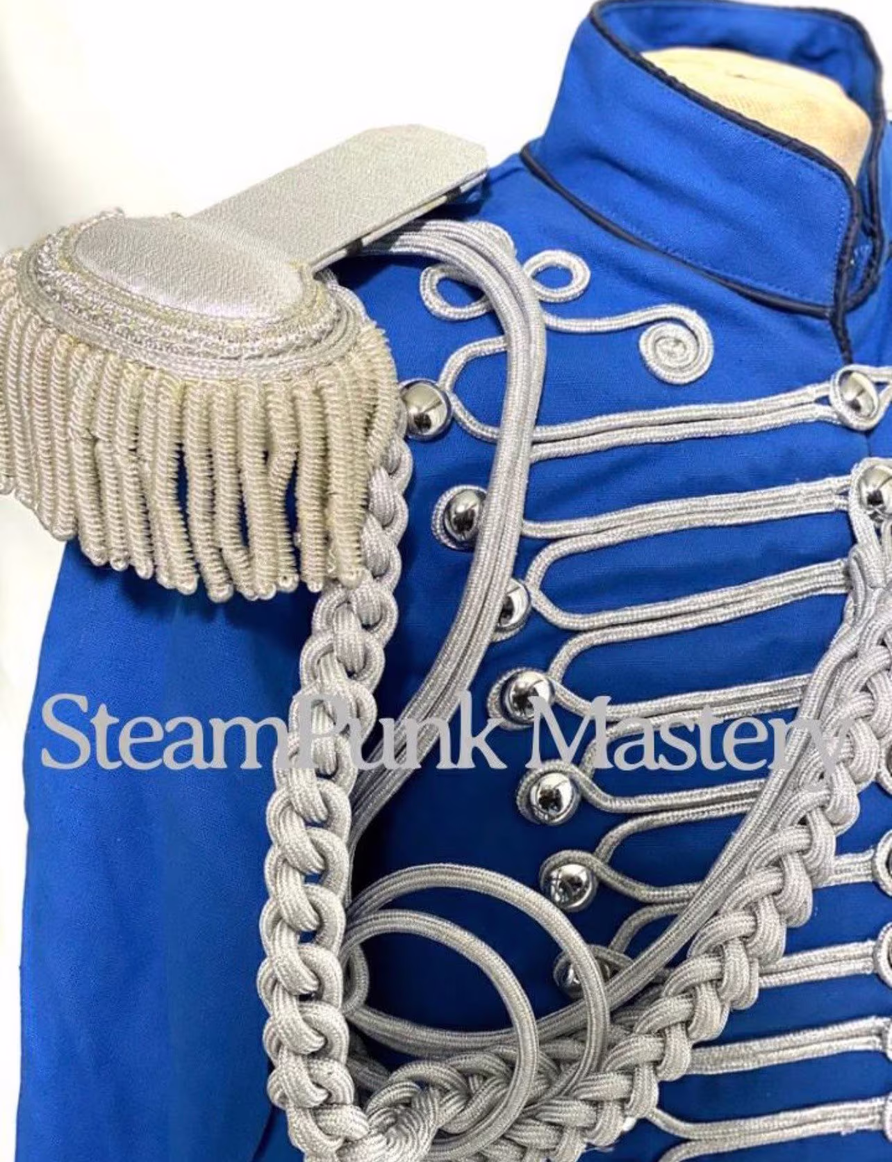 Men's Military 3 Pcs Hussar Officer Jacket in Royal Blue With Silver Aiguillette, Heavy Wire Epaulettes Available To Fit 42"44