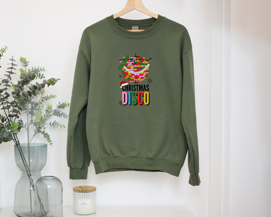 Christmas Disco Crewneck Sweatshirt - Green, Unisex Sweatshirt, Jumper, Khaki, Retro Funky Sweater Uk, Colourful Xmas