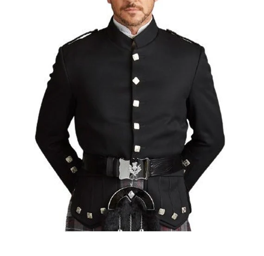 Kenmore Doublet Jacket Handmade Scottish Black Military Piper Drummer Kilt For Men | Chest 34'' To 54 Inch