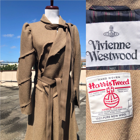 Vivienne Westwood Tramp Coat Military Olive Green Harris Tweed Wool Avant Garde Designer Overcoat Victorian Patchwork Asymmetrical Belted 40