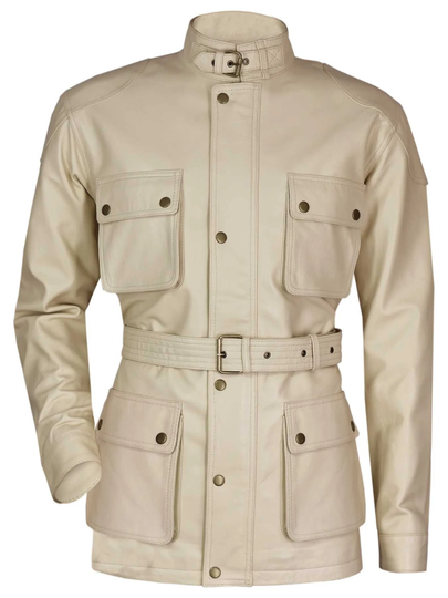 Panther Trialmaster Style Cream Beige Benjamin Military Army Biker Waxed Genuine Lambskin Leather Jacket Men's/Motorbike