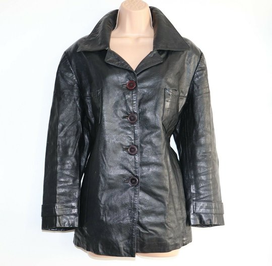 Women's Vintage Fitted Black 100% Leather Blazer Jacket Coat Uk14 Uk16