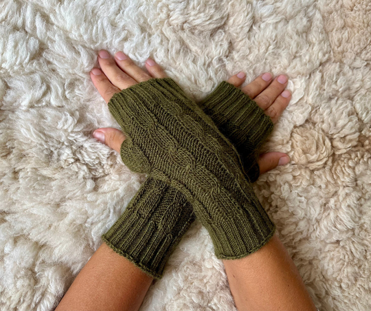 Military Green Warm Autumn Fingerless Gloves, Alpaca Wrist Warmers, Dog Walking Driving Writing