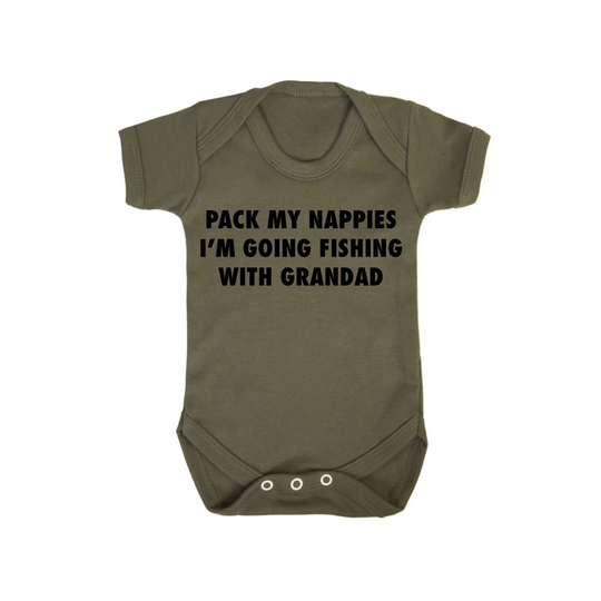 Pack My Nappies Im Going Fishing With Grandad - Military Green Baby Bodysuit Vest. Gift For Fishing Enthusiasts, Birth, Baby Shower, Toddler