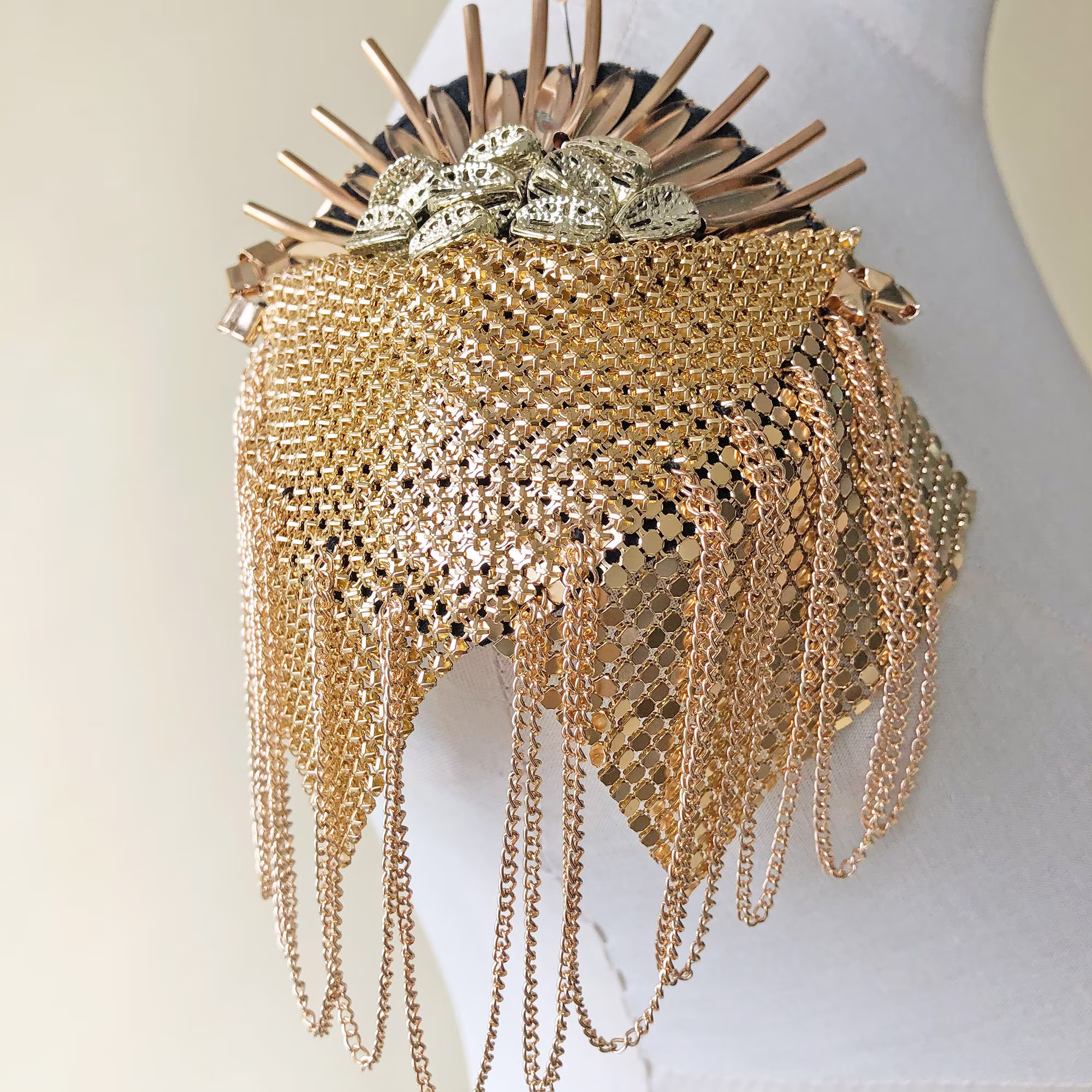 Golden Costume Uniform Shoulder Badge Mirror Pair Beaded Metal Tassel Chain Epaulet Embellishment