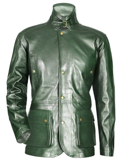 High Neck Real Lambskin Leather Dark Military Green Tourmaster Panther Style Suit Blazer Biker Jacket Mens/Patch Pockets/Notched Lapel