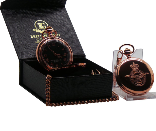 Raf Rose Gold Personalised Pocket Watch in Luxury Gift Case Crested Badge Engraved Crest Royal Air Force Full Hunter Box Military Emblem