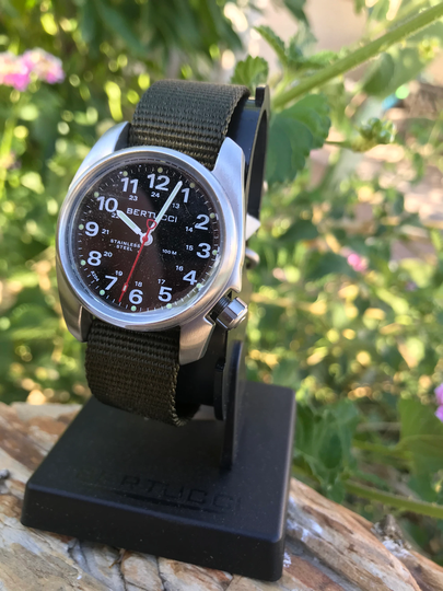 Bertucci A-1S Field Stainless Steel Watch Black Face Od Green Nylon Band 11012