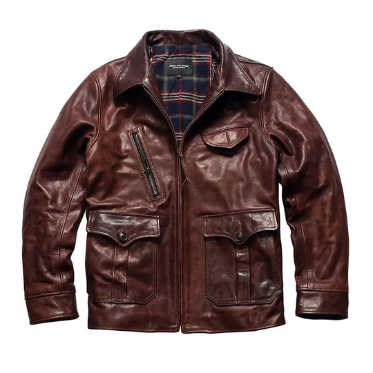 Vintage Wax Brown Military Coat Genuine Cowhide Leather Flap Pocket Style Streetwear Jacket Men's