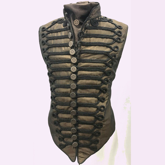 Men's New Steampunk Brown Waistcoat With Black Braiding Copper Buttons, Men's Fashion Hussar Vest