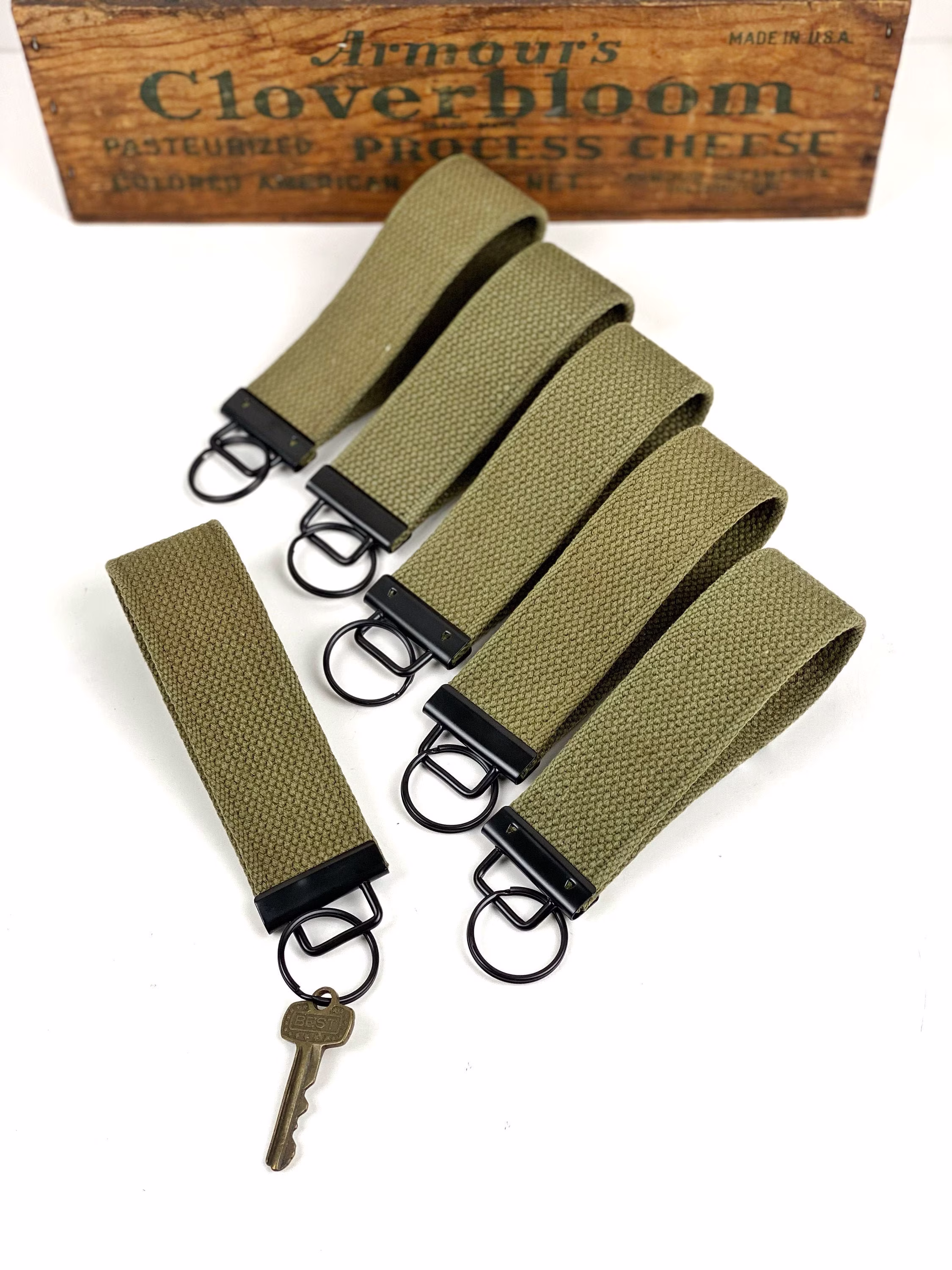 Vintage Military Surplus Olive Green Wristlet Key Fob Cotton Webbing Strap Keyring