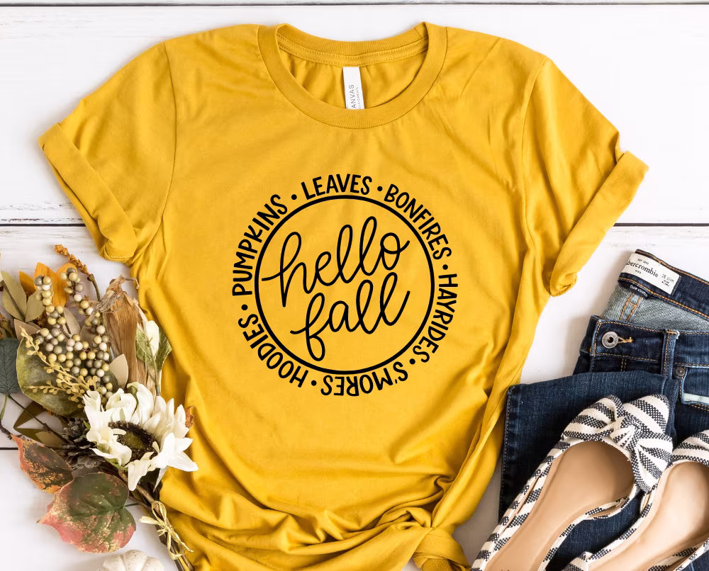 Hello Fall Shirt - Bonfires Hayrides S'mores Hoodies Pumpkins Leaves, Pumpkin Patch T-Shirt, Halloween, Autumn, Thanksgiving