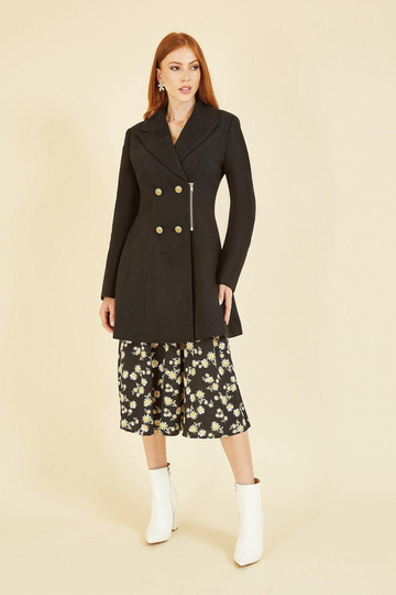 Black Military Coat With Zip Detail