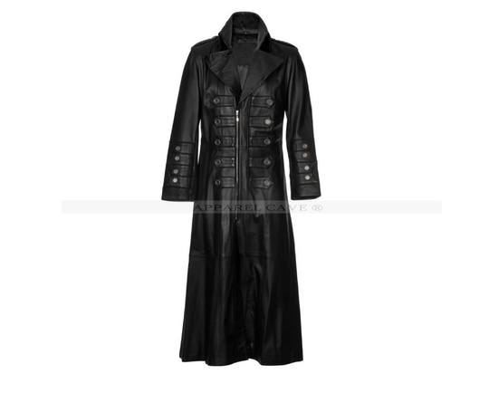 Gothic Real Cow Leather Black Long Coat For Men Front Zipper Handmade Trench Winters Military