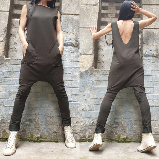 Military Green Jumpsuit/Everyday Cotton Overalls/Urban Woman Clothing/Casual Jumpsuit/Extravagant Sleeveless Overalls/Long Jumpsuit