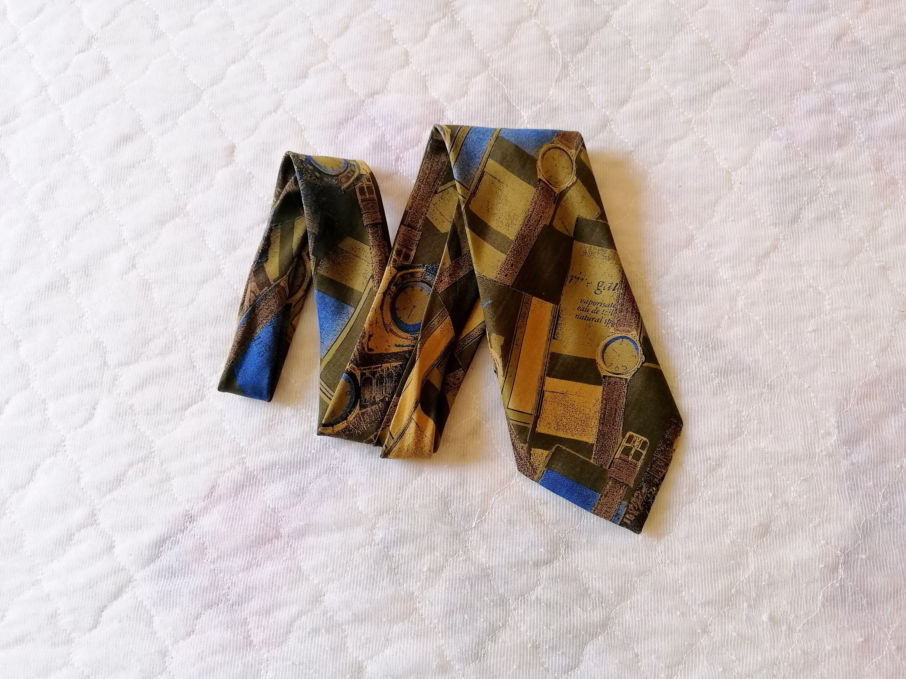 Giacomo Larusso Italian Silk Tie Pure Necktie Vintage Men's Military Green Blue Brown Wristwatch Print Suit Accessory