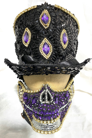 2 Pcs Black Sequins Top Hat & Half Face Skull Mask With Jewels Details in Sizes 57, 58, 59, 60cmmask One Size