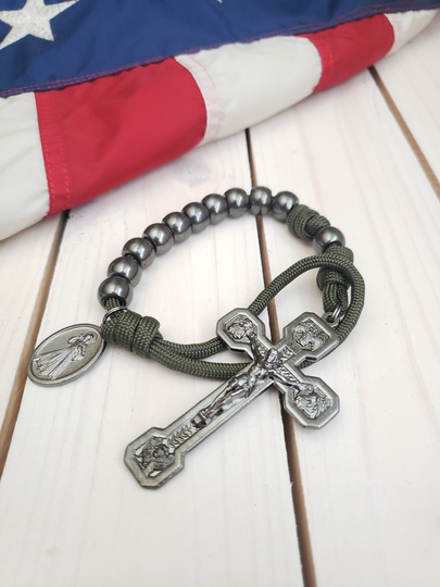 Olive Drab/Military Green Paracord, Gunmetal Pocket Rosary - Stations Of The Cross Crucifix Catholic Decade