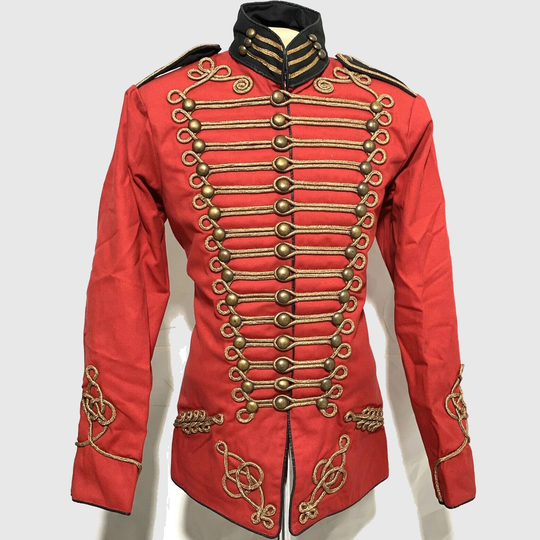 Men, S Army Military Gold Hussar Red/Black Jacket Steampunk Jacket, Accessories Not Included in Price