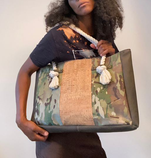 Mio Rio | Camo - Multi Panel Style Tote Bag in Cordura & Cork Fabric With Chunky Rope Handles