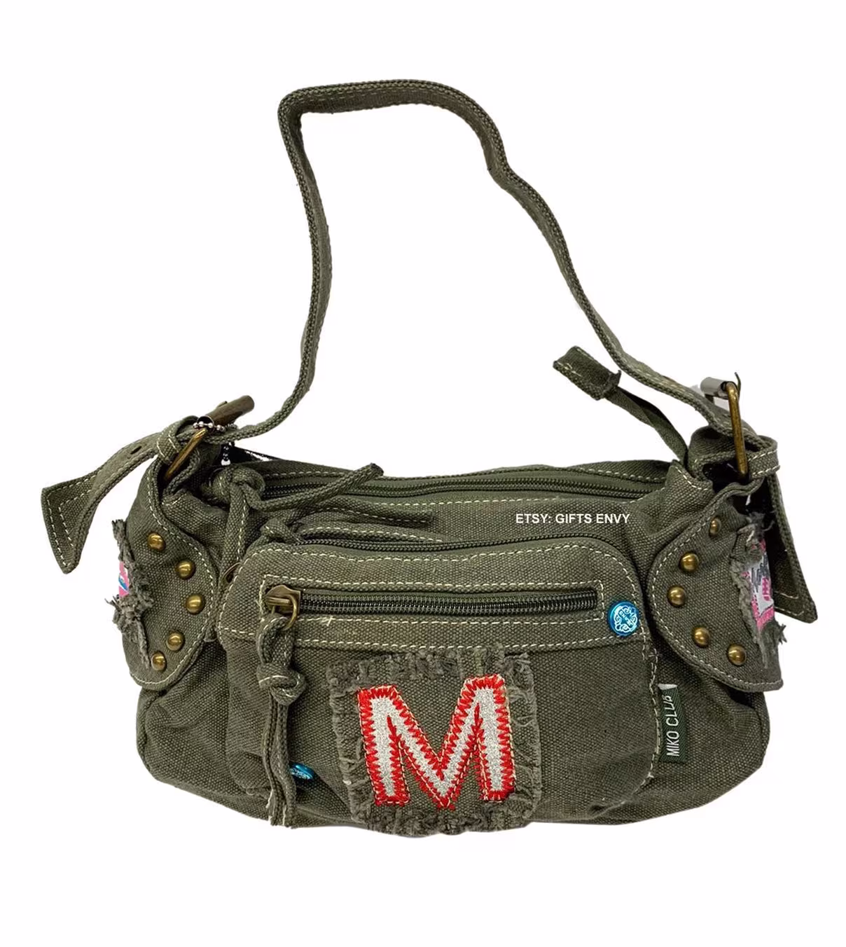 Small 11 Inches Width Big M Embroidery Patch With Fringe Logo Teen Girl Canvas Shoulder Handbag