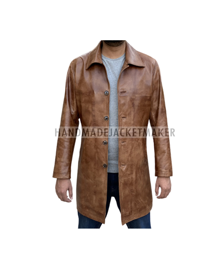 Handmade Men's Tan Waxed Leather Three Quarter Coat |Men's Trench Style