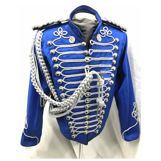 New Men Men's Military Hussar Officer Jacket in Royal Blue Silver Ropes , Aiguillette, Epaulettes Only Available Expedited Shipping