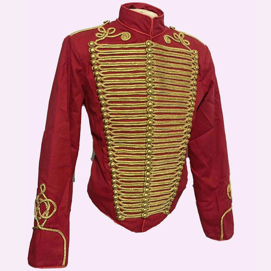 New Men's Ceremonial Hussar Red Military Jacket Gold Braiding, Fashion