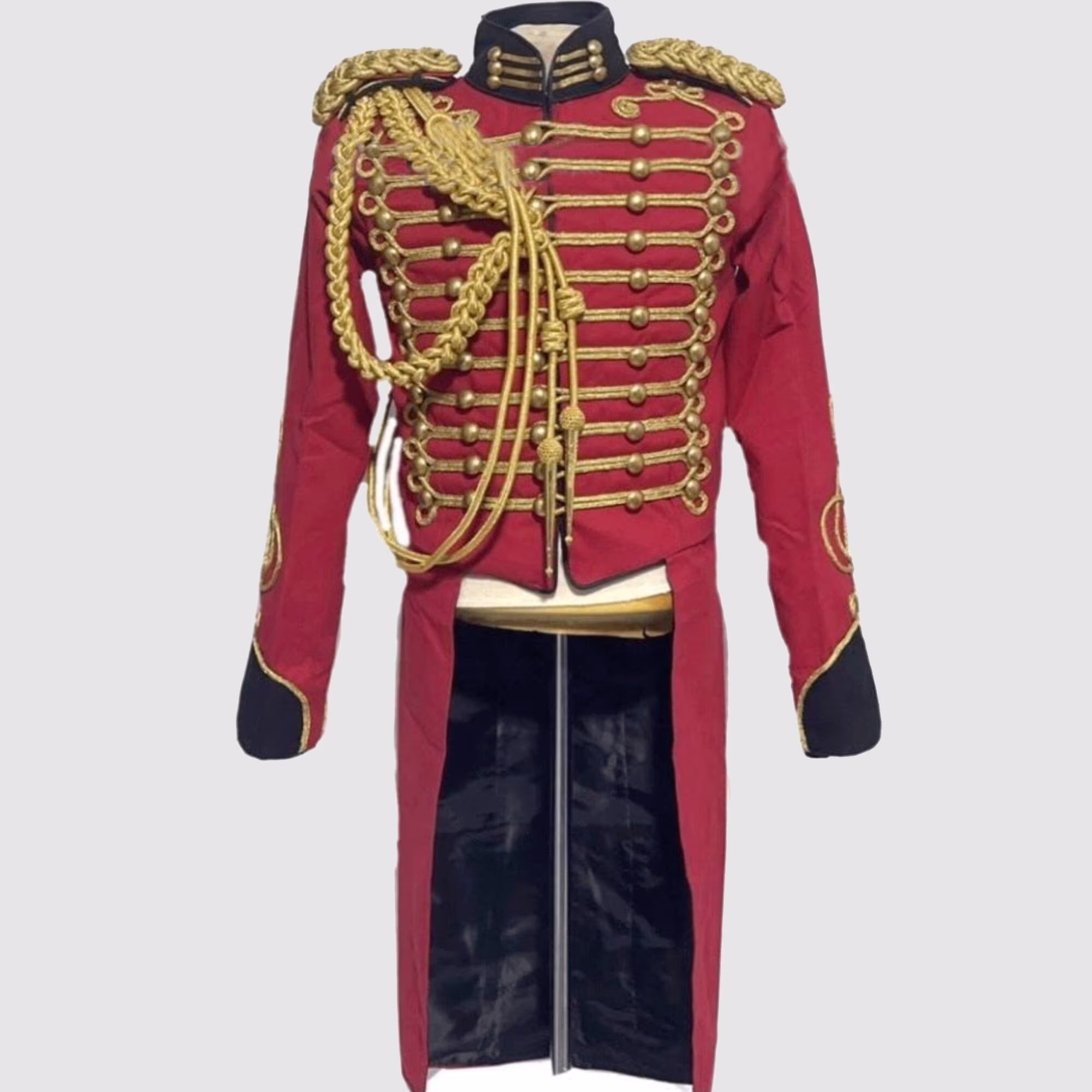 New Men's Red Wool Hussar Tail Coat , Handmade Light Hussar Jacket, Admiral Military Coat, Accessories Are Not Included in Price